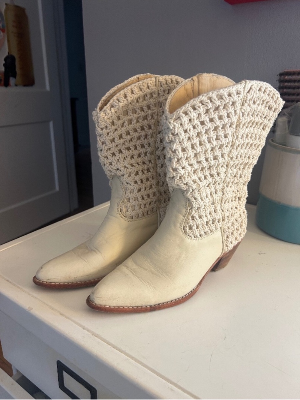 Anthropologie Cream Crochet Western Booties
